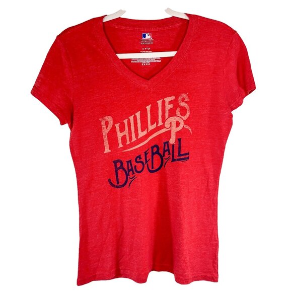 Phillies Baseball Tshirt Size SP‎ Womens V Neck Logo Short Sleeve Small Petite - Picture 1 of 8